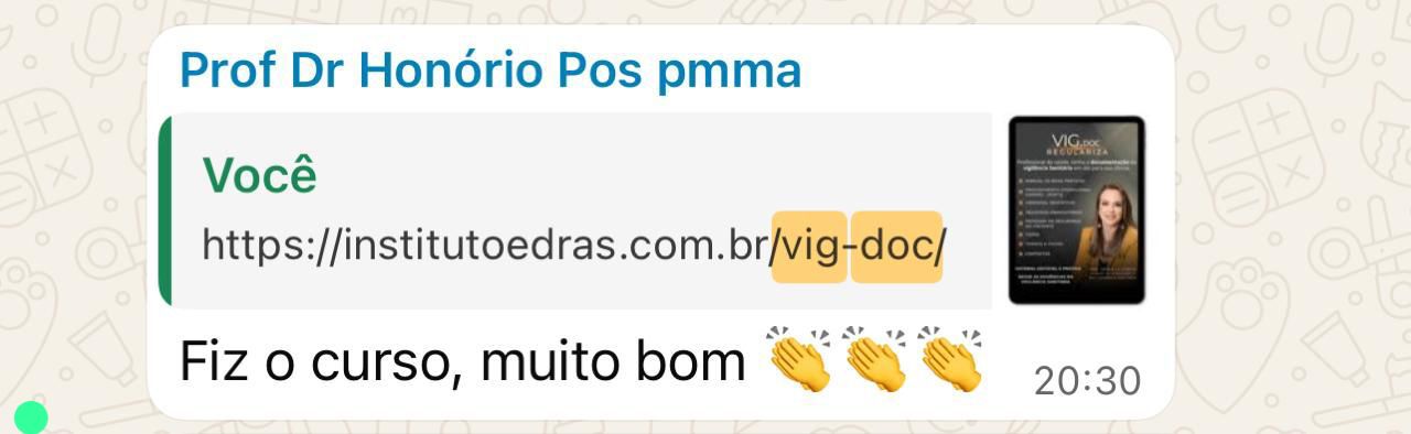 Print de WhatsApp — Cliente VIG.doc elogiando o curso
